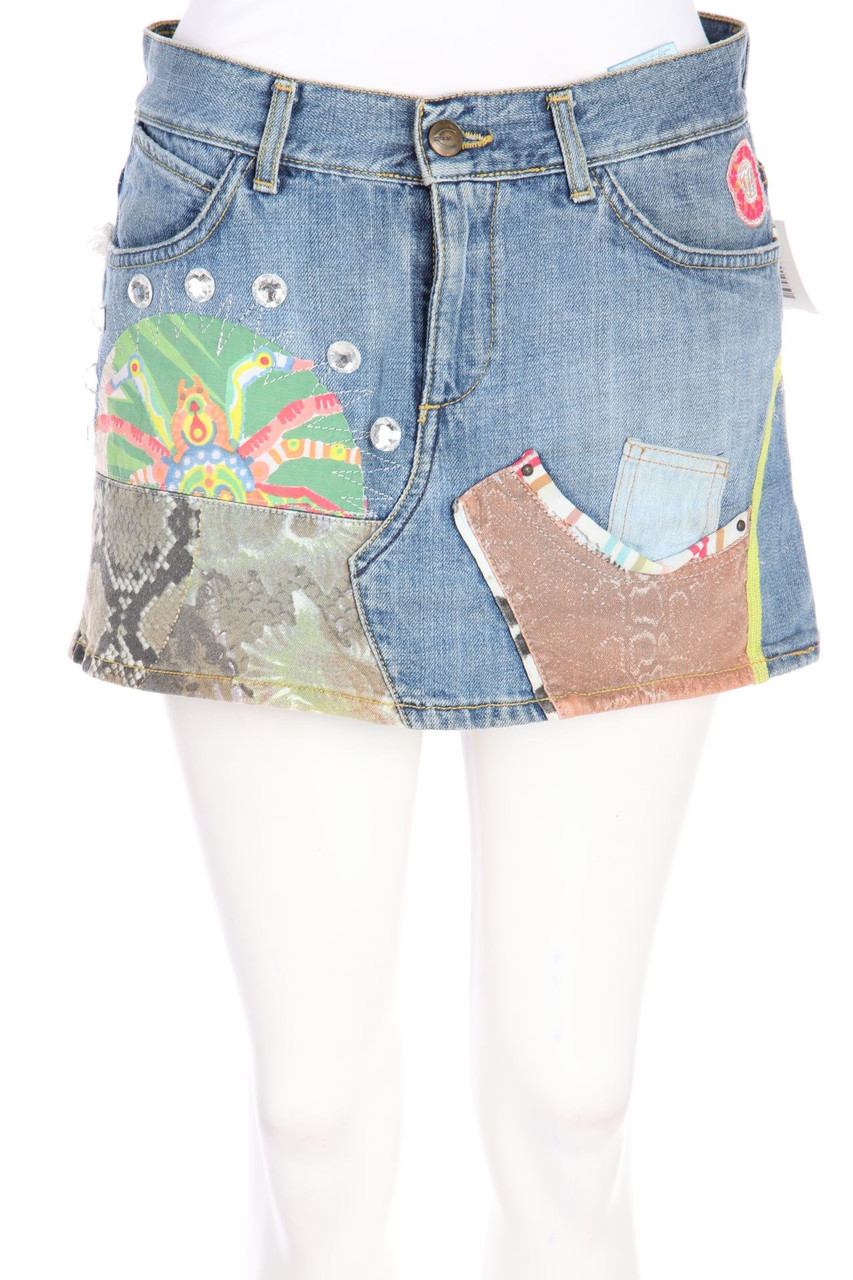 Just cavalli - Patchwork-Denim Mini Skirt with Jewelry Stones - D 36