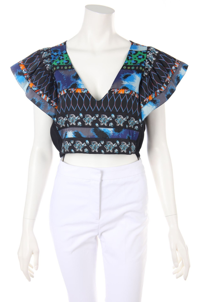 KENZO x H&M - Cropped-Kurzarm-Bluse aus Jacquard mit Volants - M