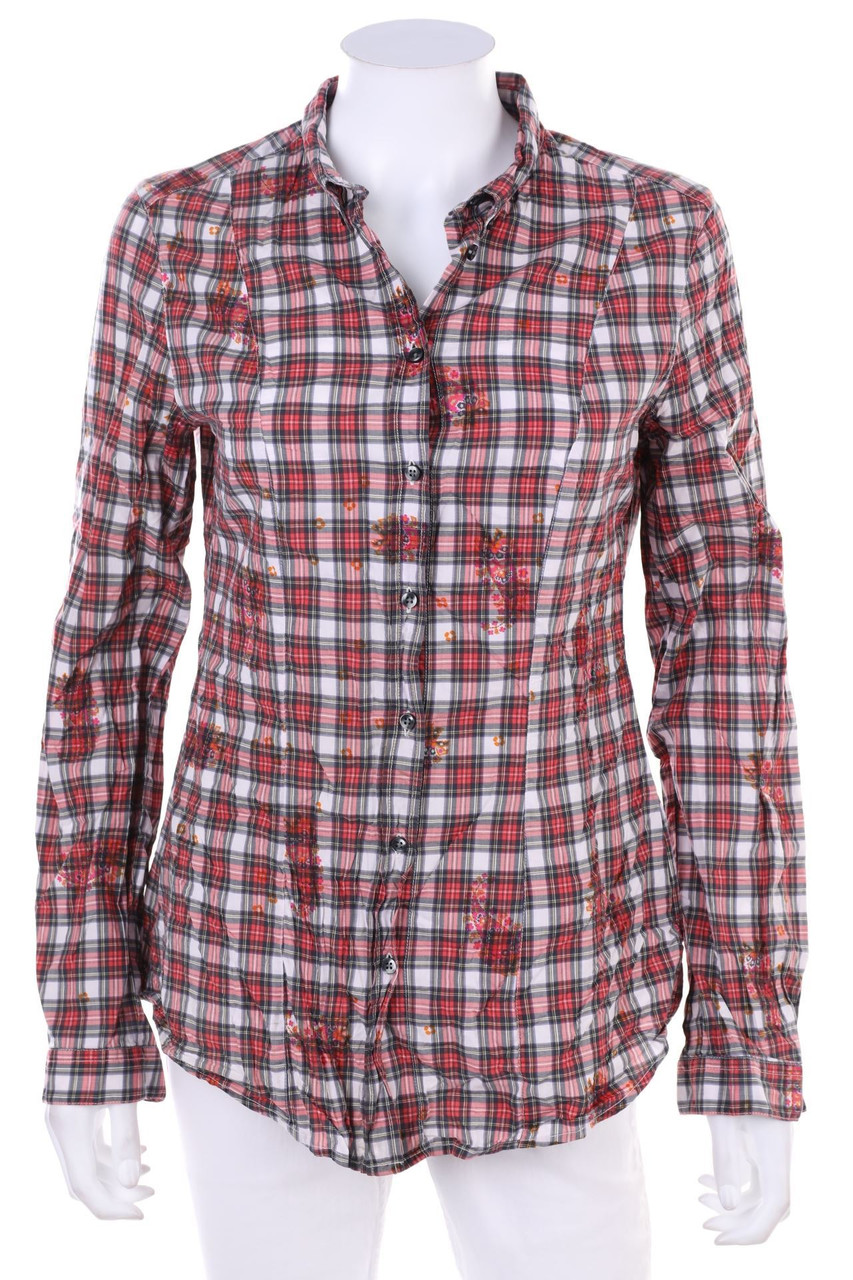 0039 ITALY - Karo-Hemd-Bluse mit Blumen-Print - M